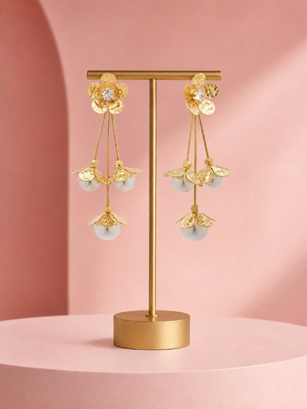 Vintage Vibe Flower Bud Pearl Drop Gold Dipped Dangle Boutique Earrings NEW